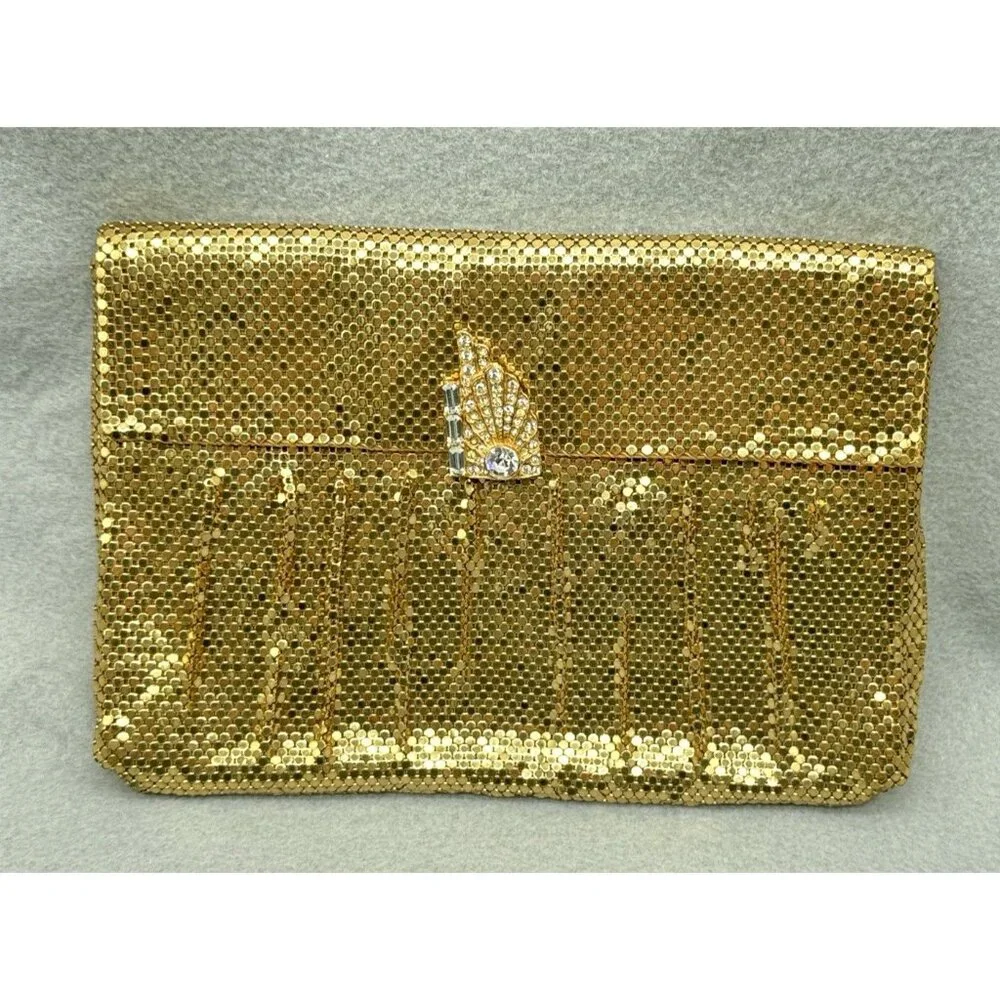 Mesh Purse Clutch Bag Gold Tone Art Deco Rhinestone Clip Vtg Whiting and Davis - Picture 2 of 14